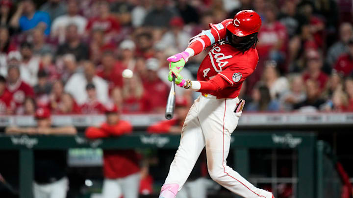 Cincinnati Reds shortstop Elly de la Cruz (44) hits a his 10th home run of the season, scoring Dane Myers, in the eighth inning of the MLB National League game between the Cincinnati Reds and the Colorado Rockies at Great American Ball Park in downtown Cincinnati on Tuesday, April 28, 2026. The Reds won the opening game of the series, 7-2.