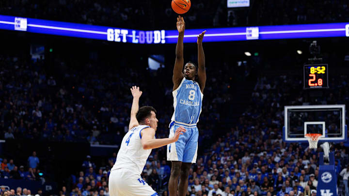Dec 2, 2025; Lexington, Kentucky, USA; North Carolina Tar Heels forward Caleb Wilson (8) shoots the ball during the first half against the Kentucky Wildcats at Rupp Arena at Central Bank Center. Mandatory Credit: Jordan Prather-Imagn Images