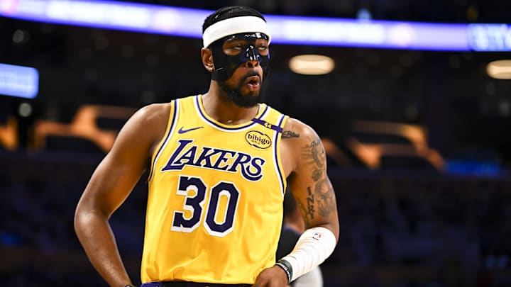Los Angeles Lakers guard Jordan Goodwin reacts against the Houston Rockets.
