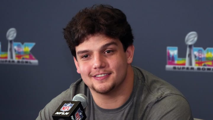 Feb 3, 2026; Santa Clara, CA, USA; New England Patriots offensive tackle Will Campbell speaks to the media during Super Bowl LX press conference at Santa Clara Marriott. Mandatory Credit: Kirby Lee-Imagn Images