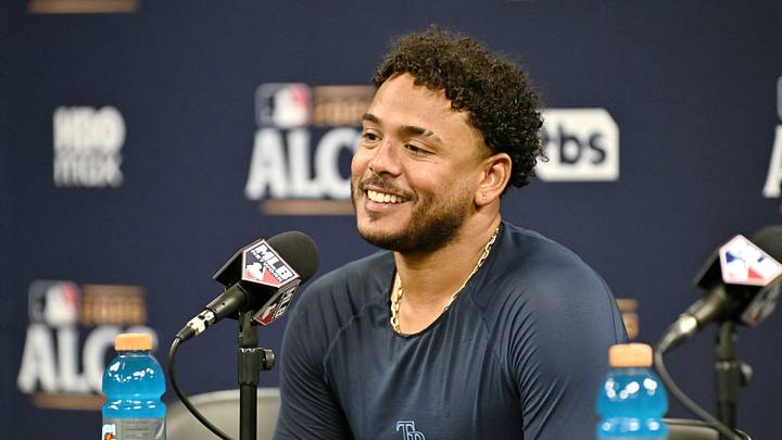 Oct 13, 2026; St. Petersburg, Florida, USA;  Tampa Bay Rays pitcher Freddy Peralta (51) speaks to the media after game two of the ALCS against the Cleveland Guardians in the 2026 MLB Playoffs at Tropicana Field.  Mandatory Credit: Jonathan Dyer-Imagn Images