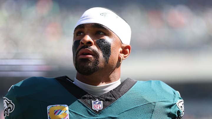 Philadelphia Eagles quarterback Jalen Hurts (1) looks on in the first quarter against the Denver Broncos at Lincoln Financial Field. Philadelphia Eagles quarterback Jalen Hurts (1) looks on in the first quarter against the Denver Broncos at Lincoln Financial Field.