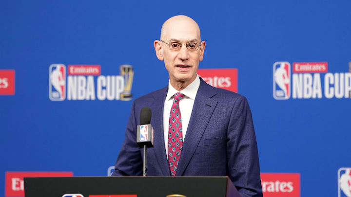 Dec 16, 2025; Las Vegas, Nevada, USA; NBA commissioner Adam Silver speaks during press conference at the Emirates NBA Cup Final at T-Mobile Arena. Mandatory Credit: Kirby Lee-Imagn Images