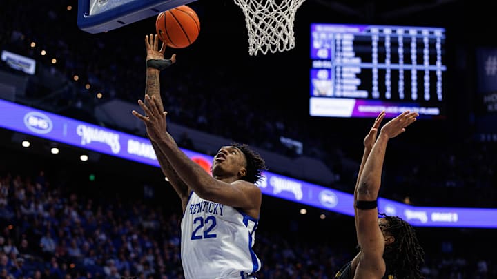 Feb 19, 2025; Lexington, Kentucky, USA; Kentucky Wildcats center Amari Williams (22) goes to the basket during the second half against the Vanderbilt Commodores at Rupp Arena at Central Bank Center. Mandatory Credit: Jordan Prather-Imagn Images