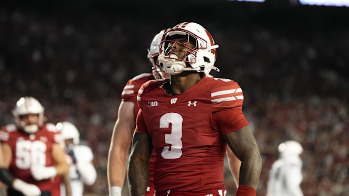 Oct 26, 2024; Madison, Wisconsin, USA; Wisconsin Badgers running back Tawee Walker (3) celebrates after scoring a touchdown during the second quarter against the Penn State Nittany Lions at Camp Randall Stadium. Mandatory Credit: Jeff Hanisch-Imagn Images Oct 26, 2024; Madison, Wisconsin, USA; Wisconsin Badgers running back Tawee Walker (3) celebrates after scoring a touchdown during the second quarter against the Penn State Nittany Lions at Camp Randall Stadium. Mandatory Credit: Jeff Hanisch-Imagn Images