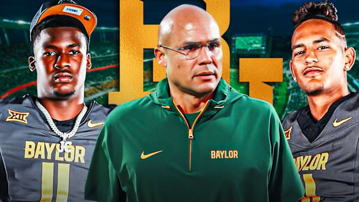 Baylor HC Dave Aranda, and 2026 4-star commits Jamarion Carlton (left) and Jordan Clay (right)