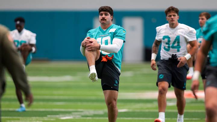 Miami Dolphins linebacker Jacob Rodriguez (10) works during rookie minicamp at the Baptist Health Training Complex. Miami Dolphins linebacker Jacob Rodriguez (10) works during rookie minicamp at the Baptist Health Training Complex.