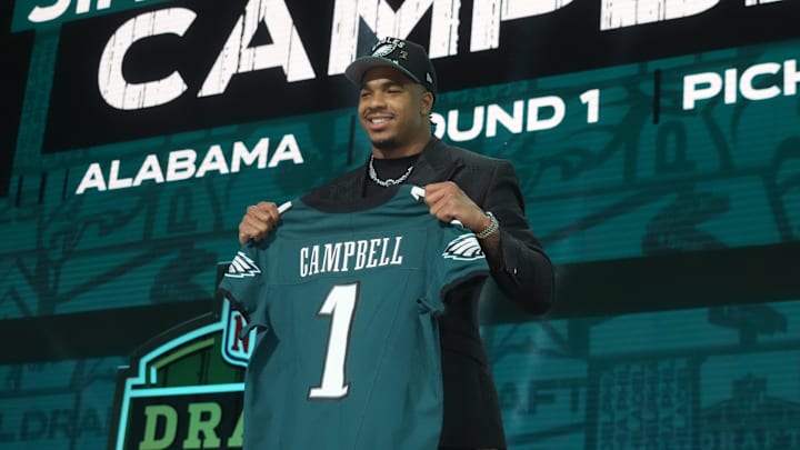 Apr 24, 2025; Green Bay, WI, USA; Alabama Crimson Tide linebacker Jihaad Campbell is selected by the Philadelphia Eagles as the number 31 pick in the first round of the 2025 NFL Draft at Lambeau Field. Mandatory Credit: Kirby Lee-Imagn Images