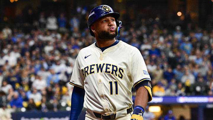 Oct 14, 2025; Milwaukee, Wisconsin, USA; Milwaukee Brewers right fielder Jackson Chourio (11) reacts to striking out against the Los Angeles Dodgers in the fifth inning during game two of the NLCS round for the 2025 MLB playoffs at American Family Field. Mandatory Credit: Benny Sieu-Imagn Images Oct 14, 2025; Milwaukee, Wisconsin, USA; Milwaukee Brewers right fielder Jackson Chourio (11) reacts to striking out against the Los Angeles Dodgers in the fifth inning during game two of the NLCS round for the 2025 MLB playoffs at American Family Field. Mandatory Credit: Benny Sieu-Imagn Images