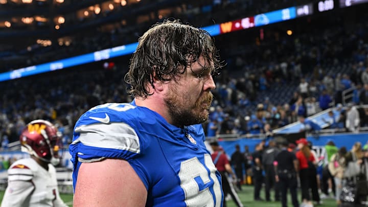 Jan 18, 2025; Detroit, Michigan, USA; Detroit Lions offensive lineman Graham Glasgow (60) walks off the field after the loss to Washington Commanders in a 2025 NFC divisional round game at Ford Field. Mandatory Credit: Lon Horwedel-Imagn Images