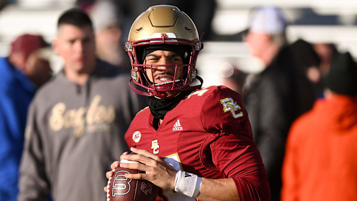 Nov 30, 2024; Chestnut Hill, Massachusetts, USA; Boston College Eagles quarterback Grayson James (14) throws the ball before a game against the Pittsburgh Panthers at Alumni Stadium. Mandatory Credit: Brian Fluharty-Imagn Images