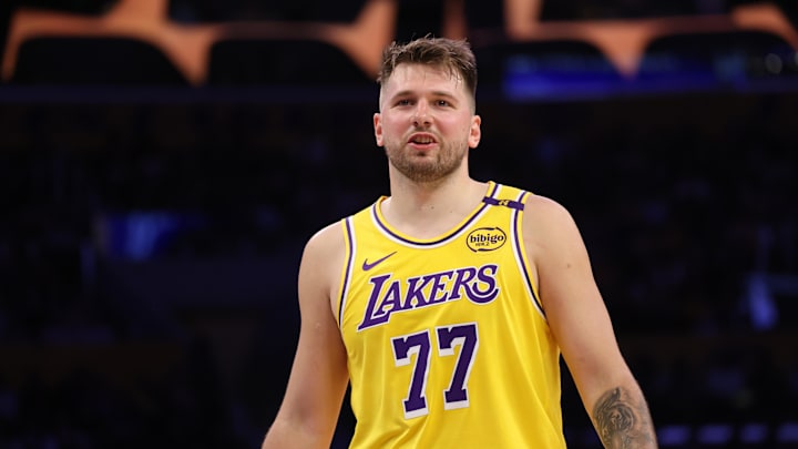 Feb 27, 2025; Los Angeles, California, USA; Los Angeles Lakers guard Luka Doncic (77) during the third quarter against the Minnesota Timberwolves at Crypto.com Arena. Mandatory Credit: Jason Parkhurst-Imagn Images