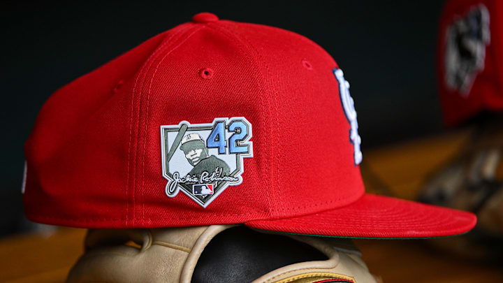 Apr 15, 2026; St. Louis, Missouri, USA; a detailed view of St. Louis Cardinals second baseman JJ Wetherholt (26) hat with a patch honoring Jackie Robinson during the seventh inning against the Cleveland Guardians at Busch Stadium. Players and coaches are wearing number 42 in recognition of Jackie Robinson Day. Mandatory Credit: Jeff Curry-Imagn Images