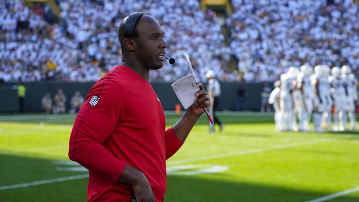 Oct 20, 2024; Green Bay, Wisconsin, USA;  Houston Texans head coach DeMeco Ryans during the third quarter against the Green Bay Packers at Lambeau Field. Mandatory Credit: Jeff Hanisch-Imagn Images