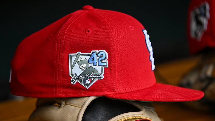 Apr 15, 2026; St. Louis, Missouri, USA; a detailed view of St. Louis Cardinals second baseman JJ Wetherholt (26) hat with a patch honoring Jackie Robinson during the seventh inning against the Cleveland Guardians at Busch Stadium. Players and coaches are wearing number 42 in recognition of Jackie Robinson Day. Mandatory Credit: Jeff Curry-Imagn Images Apr 15, 2026; St. Louis, Missouri, USA; a detailed view of St. Louis Cardinals second baseman JJ Wetherholt (26) hat with a patch honoring Jackie Robinson during the seventh inning against the Cleveland Guardians at Busch Stadium. Players and coaches are wearing number 42 in recognition of Jackie Robinson Day. Mandatory Credit: Jeff Curry-Imagn Images