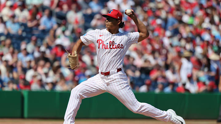 Feb 28, 2025; Clearwater, Florida, USA;  Philadelphia Phillies starting pitcher Jesus Luzardo (44) throws a pitch during the first inning against the Boston Red Sox at BayCare Ballpark. Mandatory Credit: Kim Klement Neitzel-Imagn Images