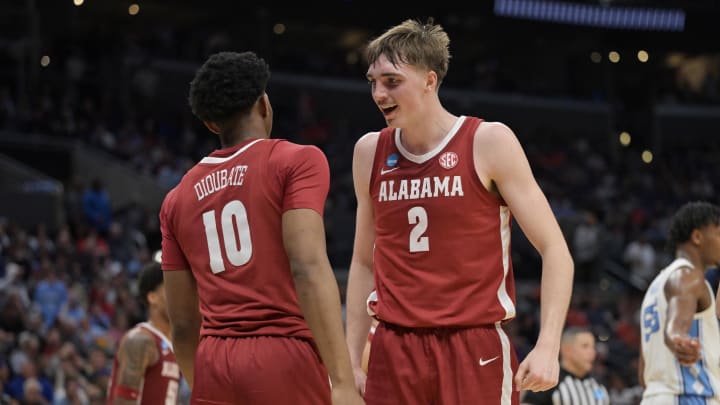 Mar 28, 2024; Los Angeles, CA, USA; Alabama Crimson Tide forward Grant Nelson (2) and forward