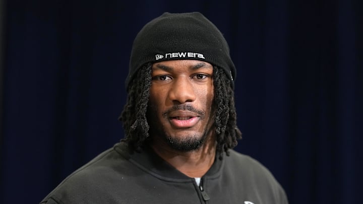 Oklahoma defensive lineman R Mason Thomas (DL60) speaks during the NFL Scouting Combine at the Indiana Convention Center. 