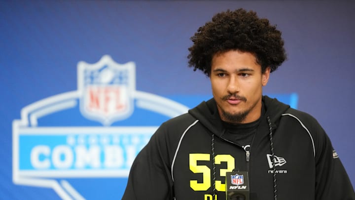 Texas defensive lineman Trey Moore (DL53) speaks during the NFL Scouting Combine at the Indiana Convention Center. 