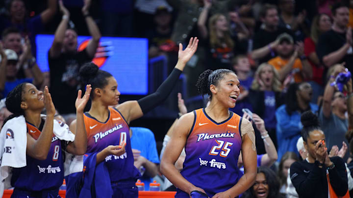 Mercury fans chant MVP for guard Alyssa Thomas (25) after she sets a WNBA record with 3 consecutive triple-doubles at PHX Arena in Phoenix on Aug. 7, 2025.
