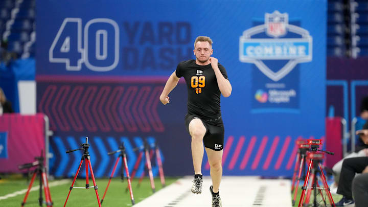 Feb 28, 2026; Indianapolis, IN, USA; Georgia Tech quarterback Haynes King (QB09) during the NFL Scouting Combine at Lucas Oil Stadium. Mandatory Credit: Kirby Lee-Imagn Images Feb 28, 2026; Indianapolis, IN, USA; Georgia Tech quarterback Haynes King (QB09) during the NFL Scouting Combine at Lucas Oil Stadium. Mandatory Credit: Kirby Lee-Imagn Images