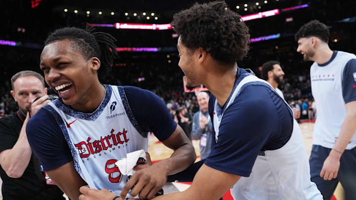Mar 8, 2025; Toronto, Ontario, CAN; Washington Wizards guard Bub Carrington (8) reacts after finding out they won against the Toronto Raptors at Scotiabank Arena. Mandatory Credit: Nick Turchiaro-Imagn Images