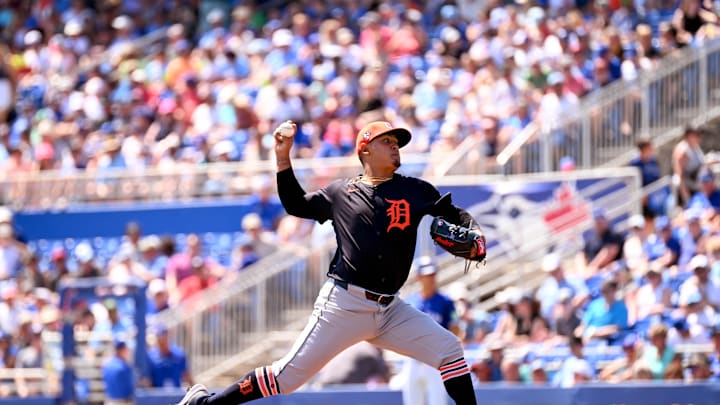 Mar 15, 2024; Dunedin, Florida, USA; Detroit Tigers starting pitcher Keider Montero (54) throws a pitch in the second inning of a spring training game against the Toronto Blue Jays at TD Ballpark. Mandatory Credit: Jonathan Dyer-USA TODAY Sports