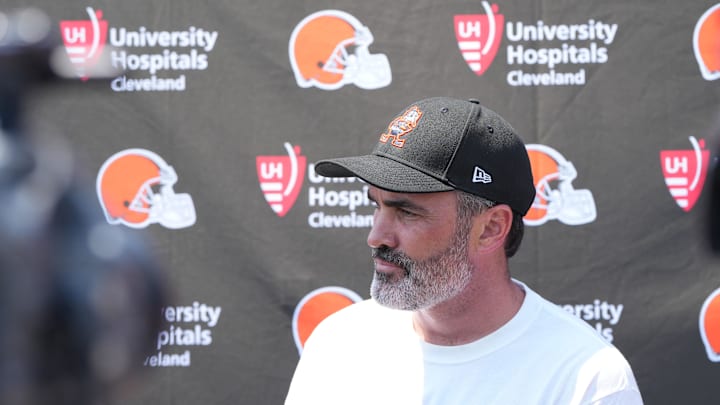 Aug 4, 2024; Cleveland Browns head coach Kevin Stefanski meets with the media before practice at the Browns training facility in Berea, Ohio. Mandatory Credit: Bob Donnan-USA TODAY Sports