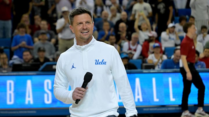 Jan 31, 2026; Los Angeles, California, USA; UCLA Bruins head football coach Bob Chesney is introduced during the basketball game against the Indiana Hoosiers at Pauley Pavilion presented by Wescom Financial. Mandatory Credit: Jayne Kamin-Oncea-Imagn Images