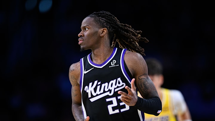 Oct 17, 2025; Los Angeles, California, USA; Sacramento Kings guard Keon Ellis (23) gestures after scoring during the second half against the Los Angeles Lakers at Crypto.com Arena. Mandatory Credit: William Liang-Imagn Images Oct 17, 2025; Los Angeles, California, USA; Sacramento Kings guard Keon Ellis (23) gestures after scoring during the second half against the Los Angeles Lakers at Crypto.com Arena. Mandatory Credit: William Liang-Imagn Images