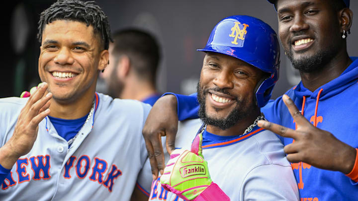 Aug 21, 2025; Washington, District of Columbia, USA; New York Mets designated hitter Starling Marte (6) celebrates with right fielder Juan Soto (22) and third baseman Ronny Mauricio (10) after hitting a solo home run against the Washington Nationals during the third inning at Nationals Park. Mandatory Credit: Brad Mills-Imagn Images