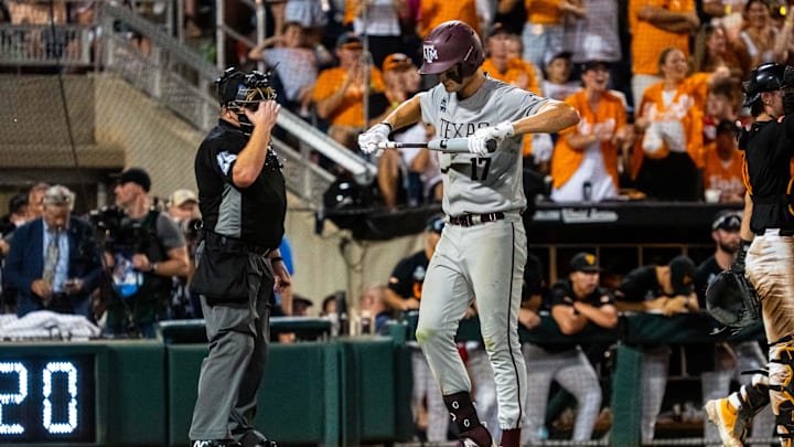 Jun 24, 2024; Omaha, NE, USA; Texas A&M Aggies right fielder Jace Laviolette (17) reacts after striking out against the Tennessee Volunteers during the ninth inning at Charles Schwab Field Omaha. Mandatory Credit: Dylan Widger-Imagn Images Jun 24, 2024; Omaha, NE, USA; Texas A&M Aggies right fielder Jace Laviolette (17) reacts after striking out against the Tennessee Volunteers during the ninth inning at Charles Schwab Field Omaha. Mandatory Credit: Dylan Widger-Imagn Images