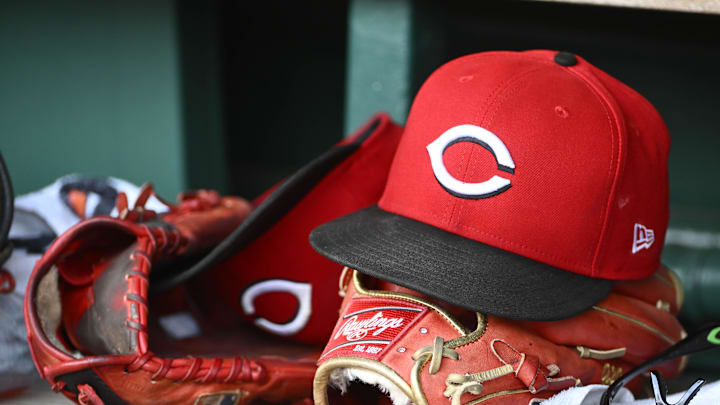 Jul 23, 2025; Washington, District of Columbia, USA; General view of Cincinnati Reds hat during the game against the Washington Nationals at Nationals Park. Mandatory Credit: Brad Mills-Imagn Images Jul 23, 2025; Washington, District of Columbia, USA; General view of Cincinnati Reds hat during the game against the Washington Nationals at Nationals Park. Mandatory Credit: Brad Mills-Imagn Images