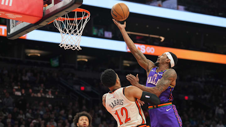 Dec 21, 2024; Phoenix, Arizona, USA; Phoenix Suns guard Bradley Beal (3) puts up a layup against Detroit Pistons forward Tobias Harris (12) during the first half at Footprint Center. Mandatory Credit: Joe Camporeale-Imagn Images Dec 21, 2024; Phoenix, Arizona, USA; Phoenix Suns guard Bradley Beal (3) puts up a layup against Detroit Pistons forward Tobias Harris (12) during the first half at Footprint Center. Mandatory Credit: Joe Camporeale-Imagn Images