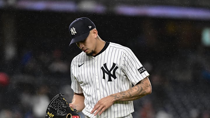 New York Yankees pitcher Jonathan Loaisiga (43) is removed the game against the Texas Rangers during the sixth inning at Yankee Stadium on May 21. 