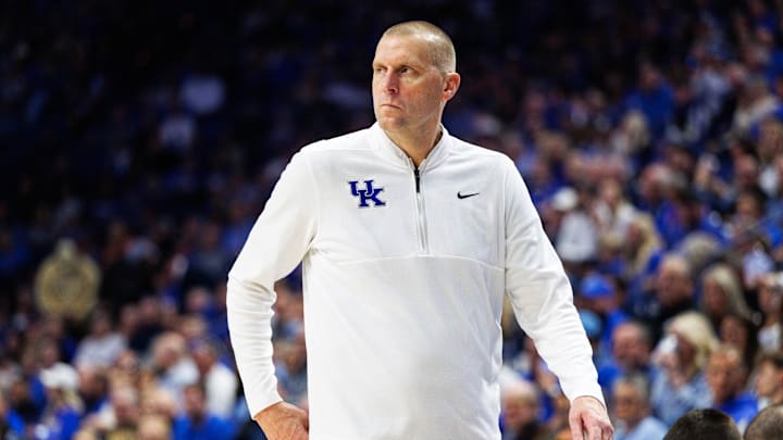 Oct 24, 2025; Lexington, KY, USA; Kentucky Wildcats head coach Mark Pope looks on during the first half against the Purdue Boilermakers at Rupp Arena at Central Bank Center. Mandatory Credit: Jordan Prather-Imagn Images