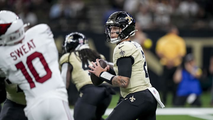Sep 7, 2025; New Orleans, Louisiana, USA; New Orleans Saints quarterback Spencer Rattler (2) looks for a receiver during the first quarter at Caesars Superdome. Mandatory Credit: Matthew Hinton-Imagn Images Sep 7, 2025; New Orleans, Louisiana, USA; New Orleans Saints quarterback Spencer Rattler (2) looks for a receiver during the first quarter at Caesars Superdome. Mandatory Credit: Matthew Hinton-Imagn Images
