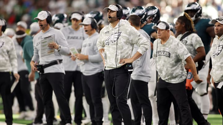 Nov 10, 2024; Arlington, Texas, USA; Philadelphia Eagles head coach Nick Sirianni watches play in the game against the Dallas Cowboys at AT&T Stadium. 