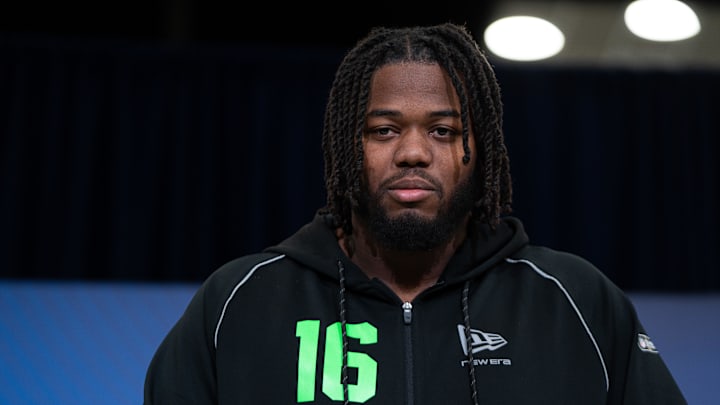 Feb 28, 2026; Indianapolis, IN, USA; Texas A&M offensive lineman Dametrious Crownover (OL16) speaks to members of the media during the NFL Combine at the Indiana Convention Center. Mandatory Credit: Jacob Musselman-Imagn Images