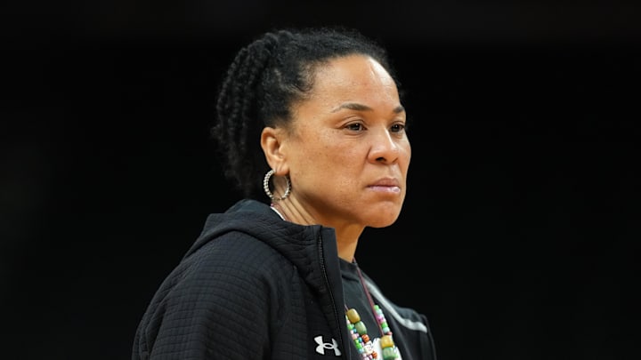 Apr 2, 2026; Phoenix, AZ, USA; South Carolina Gamecocks head coach Dawn Staley during practice prior to a 2026 NCAA Final Four women's basketball semifinal at Mortgage Matchup Center. Mandatory Credit: Kirby Lee-Imagn Images