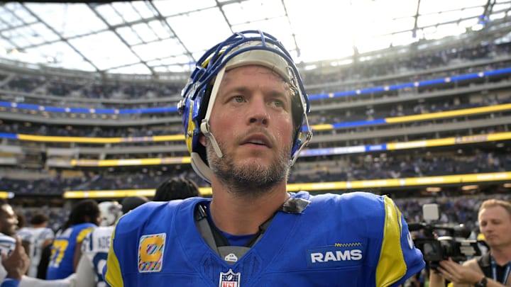 Sep 28, 2025; Inglewood, California, USA; Los Angeles Rams quarterback Matthew Stafford (9) leaves the field after the game against the Indianapolis Colts at SoFi Stadium. Mandatory Credit: Jayne Kamin-Oncea-Imagn Images