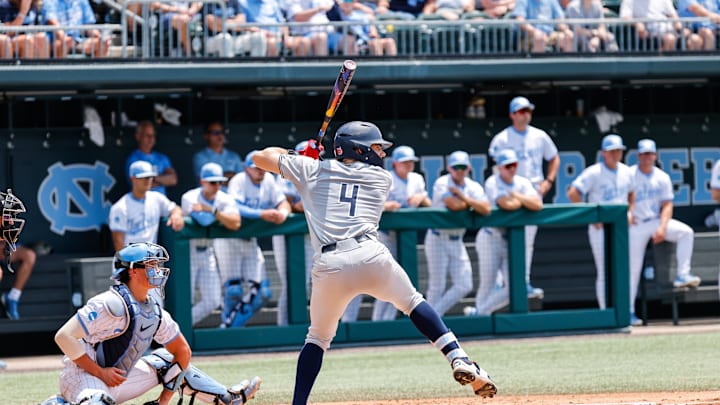 Jun 8, 2025; Chapel Hill, NC, USA; Arizona outfielder Brendan Summerhill (4) prepares to hit the ball  during the first inning of the Super Regionals game against North Carolina in Chapel Hill, North Carolina. Mandatory Credit: Jaylynn Nash-Imagn Images