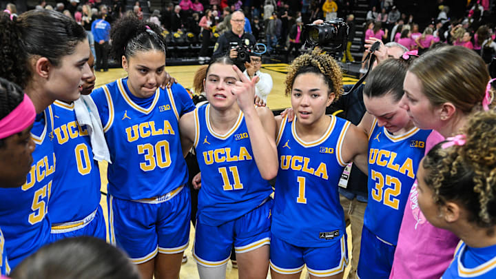 Feb 23, 2025; Iowa City, Iowa, USA; UCLA Bruins center Lauren Betts (51) and forward Janiah Barker (0) and forward Timea Gardiner (30) and guard Gabriela Jaquez (11) and guard Kiki Rice (1) and forward Angela Dugalic (32) and teammates react after the game against the Iowa Hawkeyes at Carver-Hawkeye Arena. Mandatory Credit: Jeffrey Becker-Imagn Images Feb 23, 2025; Iowa City, Iowa, USA; UCLA Bruins center Lauren Betts (51) and forward Janiah Barker (0) and forward Timea Gardiner (30) and guard Gabriela Jaquez (11) and guard Kiki Rice (1) and forward Angela Dugalic (32) and teammates react after the game against the Iowa Hawkeyes at Carver-Hawkeye Arena. Mandatory Credit: Jeffrey Becker-Imagn Images