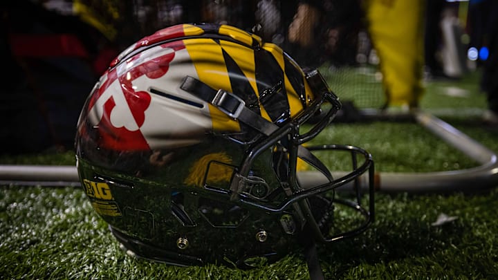A detailed view of a Maryland Terrapins helmet. Mandatory Credit: Scott Taetsch-Imagn Images