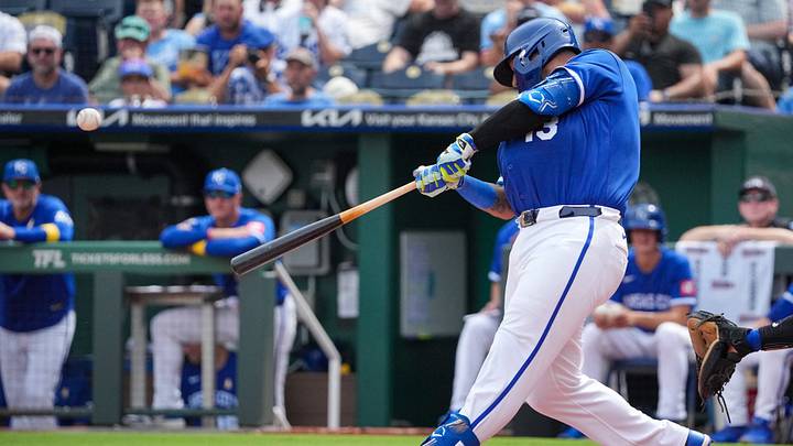 Sep 6, 2026; Kansas City, Missouri, USA; Kansas City Royals designated hitter Salvador Perez (13) hits a two run home run against the Toronto Blue Jays during the third inning at Kauffman Stadium. Mandatory Credit: Denny Medley-Imagn Images Sep 6, 2026; Kansas City, Missouri, USA; Kansas City Royals designated hitter Salvador Perez (13) hits a two run home run against the Toronto Blue Jays during the third inning at Kauffman Stadium. Mandatory Credit: Denny Medley-Imagn Images