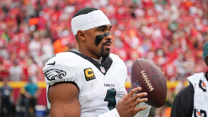 Philadelphia Eagles quarterback Jalen Hurts (1) looks on from the sidelines during the second quarter of the game against the Kansas City Chiefs at GEHA Field at Arrowhead Stadium. Philadelphia Eagles quarterback Jalen Hurts (1) looks on from the sidelines during the second quarter of the game against the Kansas City Chiefs at GEHA Field at Arrowhead Stadium.