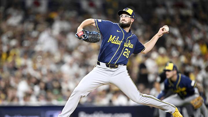 Oct 7, 2026; San Diego, California, USA; Milwaukee Brewers pitcher Aaron Ashby (26) pitches during the fifth inning against the San Diego Padres in game four of the NLDS for the 2026 MLB Playoffs at Petco Park. Mandatory Credit: Denis Poroy-Imagn Images Oct 7, 2026; San Diego, California, USA; Milwaukee Brewers pitcher Aaron Ashby (26) pitches during the fifth inning against the San Diego Padres in game four of the NLDS for the 2026 MLB Playoffs at Petco Park. Mandatory Credit: Denis Poroy-Imagn Images