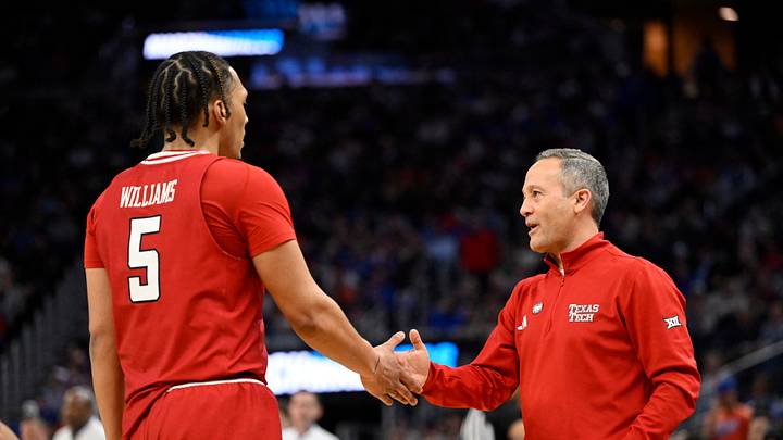 Mar 29, 2025; San Francisco, CA, USA; Texas Tech Red Raiders forward Darrion Williams (5) high-fives head coach Grant McCasland during the second half against the Florida Gators during the West Regional final of the 2025 NCAA tournament at Chase Center. Mandatory Credit: Eakin Howard-Imagn Images Mar 29, 2025; San Francisco, CA, USA; Texas Tech Red Raiders forward Darrion Williams (5) high-fives head coach Grant McCasland during the second half against the Florida Gators during the West Regional final of the 2025 NCAA tournament at Chase Center. Mandatory Credit: Eakin Howard-Imagn Images