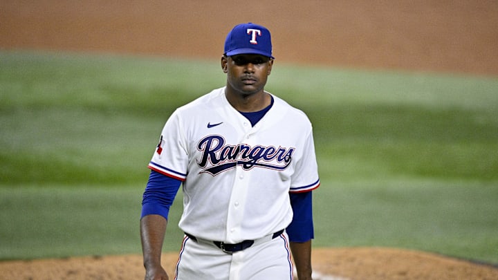 Apr 21, 2026; Arlington, Texas, USA; Texas Rangers starting pitcher Kumar Rocker (80) leaves the field after pitching against the Pittsburgh Pirates during the sixth inning at Globe Life Field. Mandatory Credit: Jerome Miron-Imagn Images