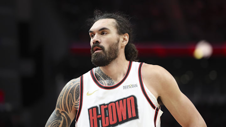 Mar 10, 2025; Houston, Texas, USA; Houston Rockets center Steven Adams (12) reacts after a play during the game against the Orlando Magic at Toyota Center. Mandatory Credit: Troy Taormina-Imagn Images